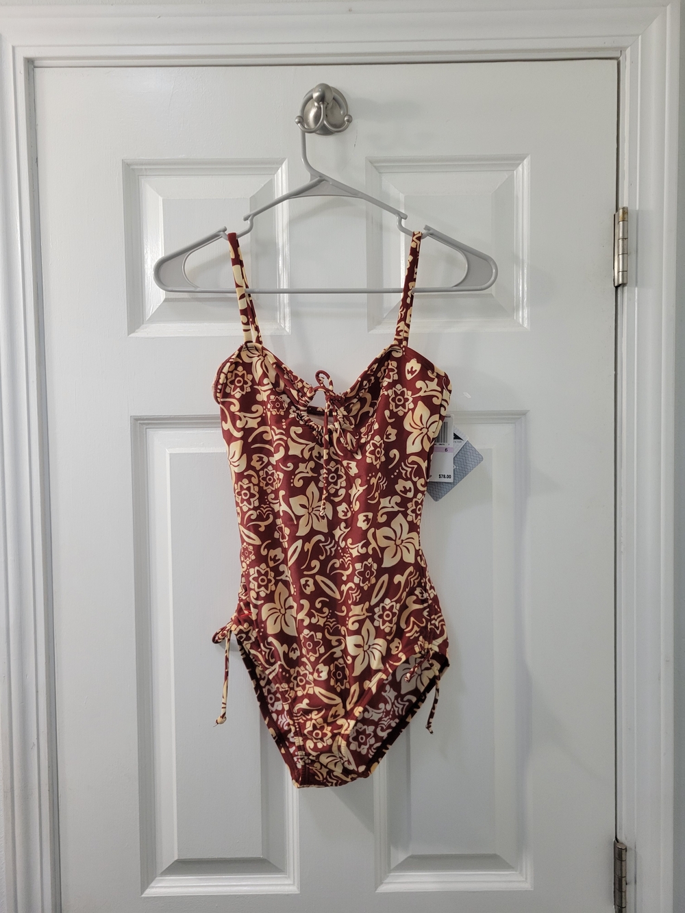 Speedo Burgundy and Cream Floral Tie-Front One-Piece Swimsuit